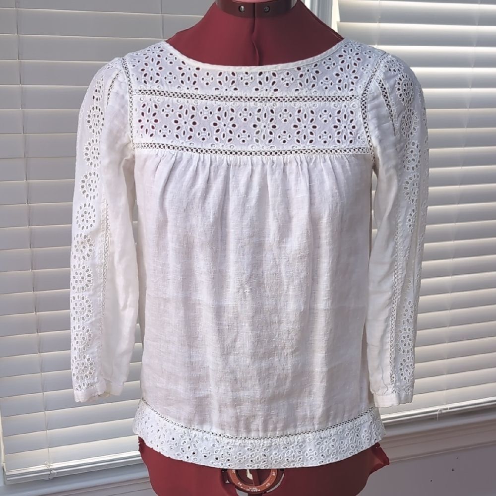 J. Crew White Linen Eyelet Embroidered Peasant Top 3/4 Sleeves Boho Hippie